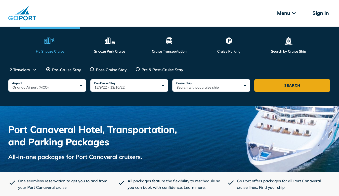 GoPort homepage with advanced search and a boat in the background